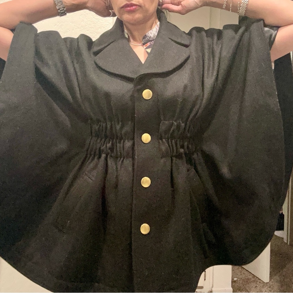 Hilary Radley Black Cape with Gold Buttons